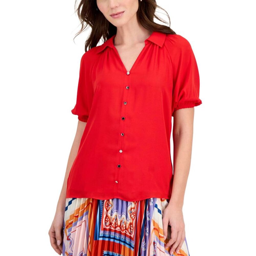 T Tahari Womens Georgette Split-Neck Blouse Medium Apple Red